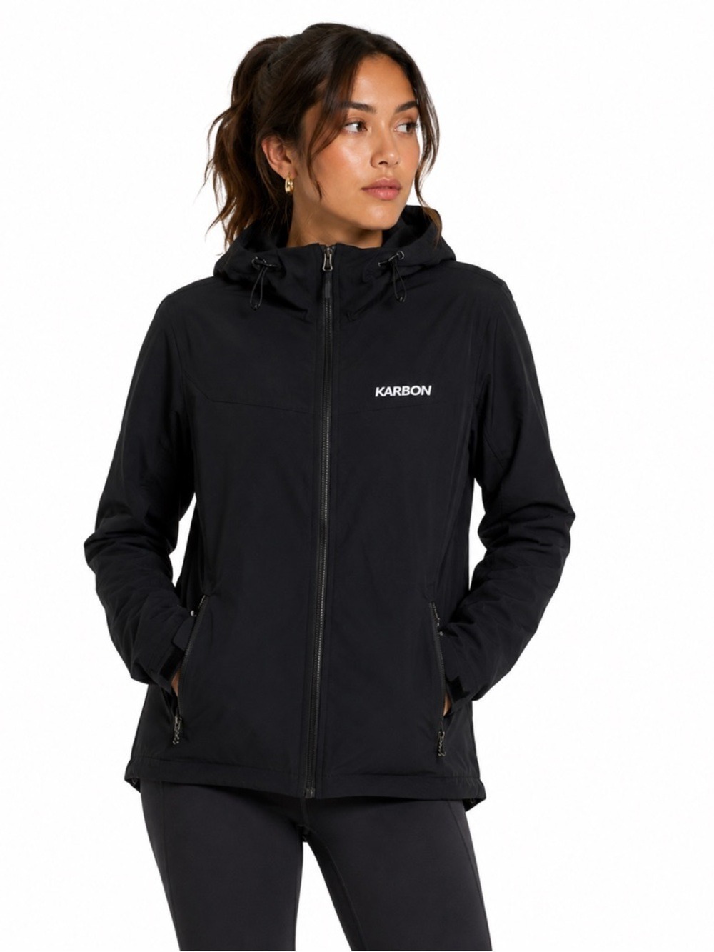 Karbon Black Long Sleeved Lightweight Hooded Nylon Spandex Blend Jacket